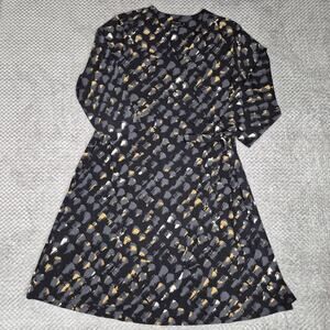 H By Halston Women Wrap Front Dress Black V Neck Geo Printed XL 3/4 Sleeves
